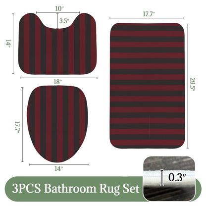 Red Black Striped Bathroom Rug Set, Gothic Bath Mat Trio, Punk Style Toilet Rug
