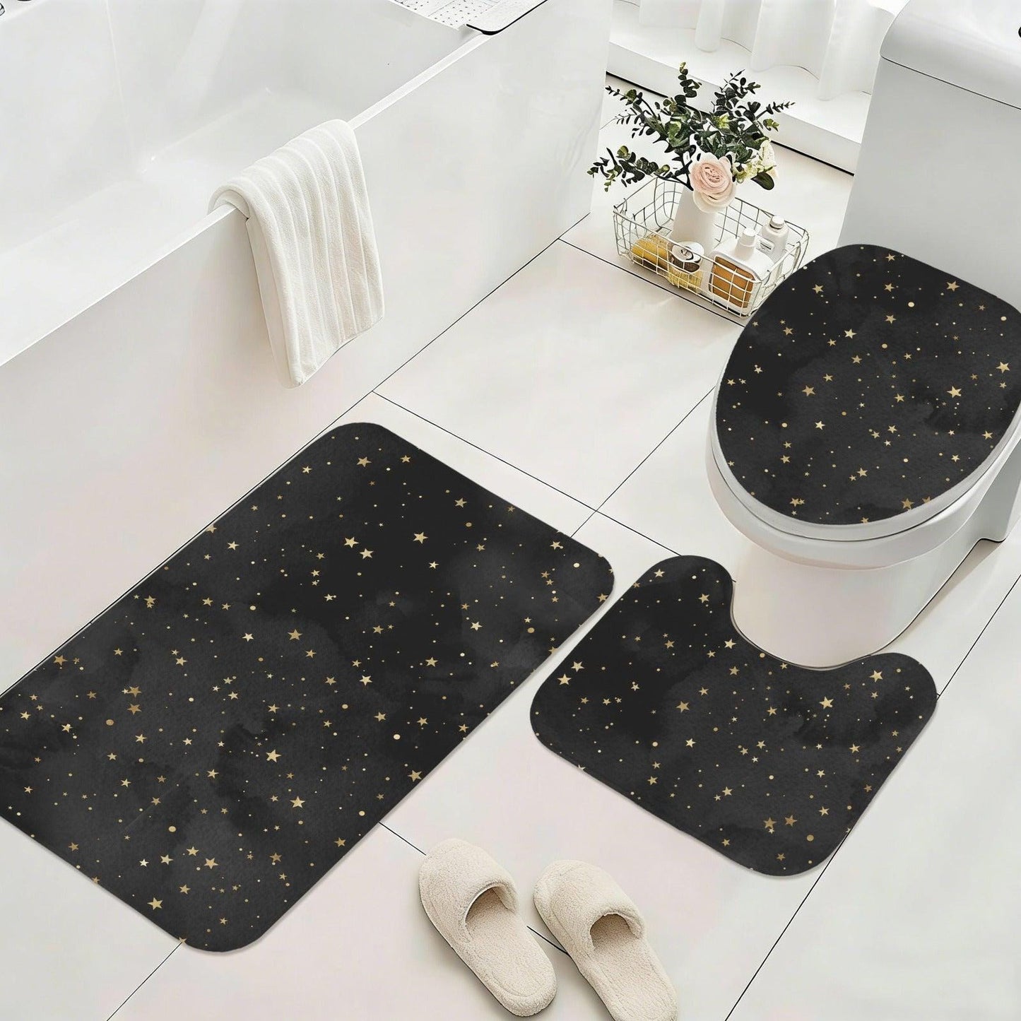 Celestial Bath Mat Set, Black Gold Star Toilet Cover Rug, Cosmic Bathroom Decor