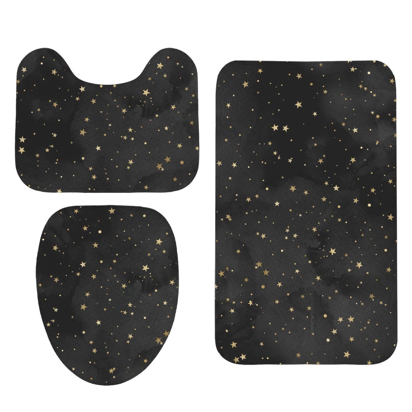 Celestial Bath Mat Set, Black Gold Star Toilet Cover Rug, Cosmic Bathroom Decor