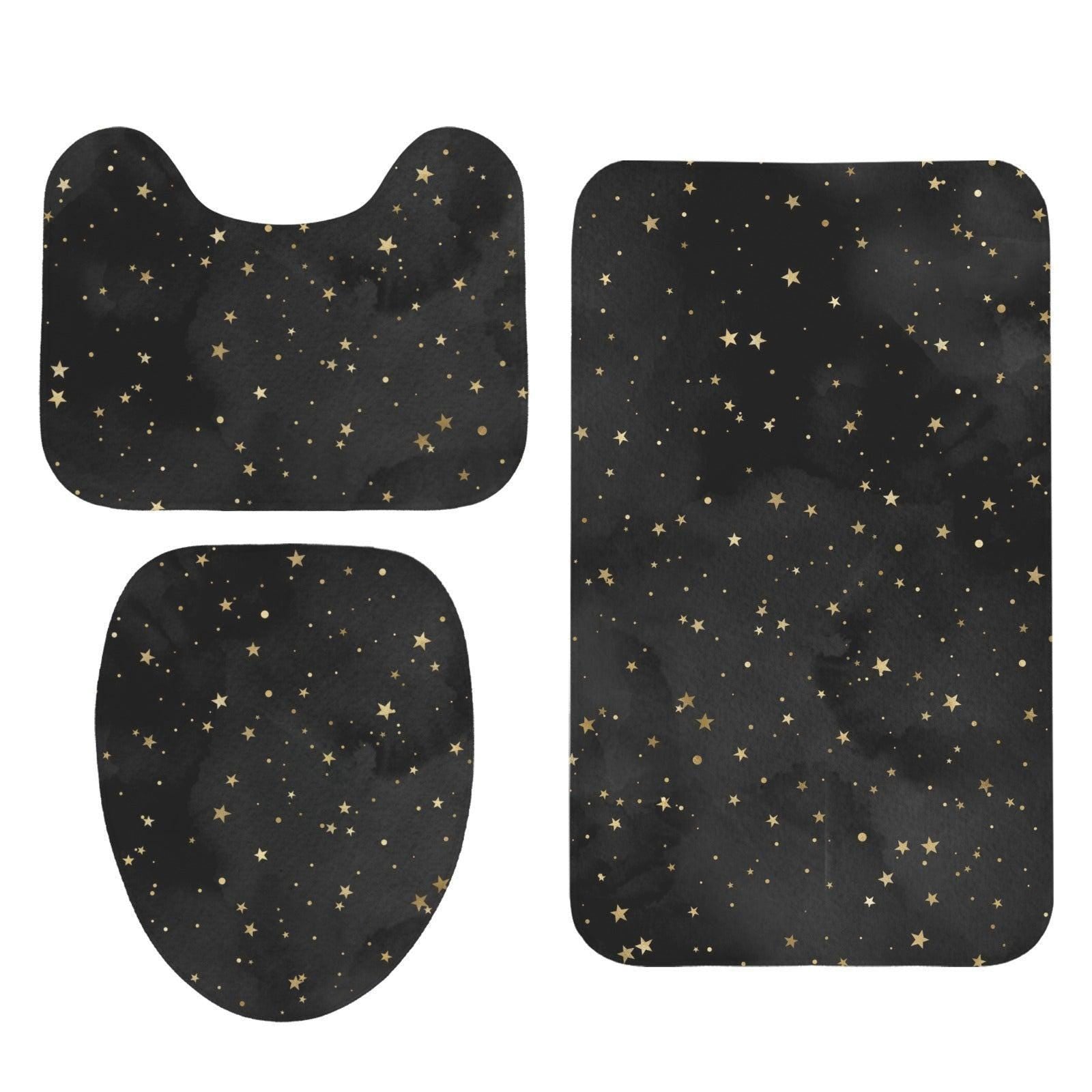 Celestial Bath Mat Set, Black Gold Star Toilet Cover Rug, Cosmic Bathroom Decor