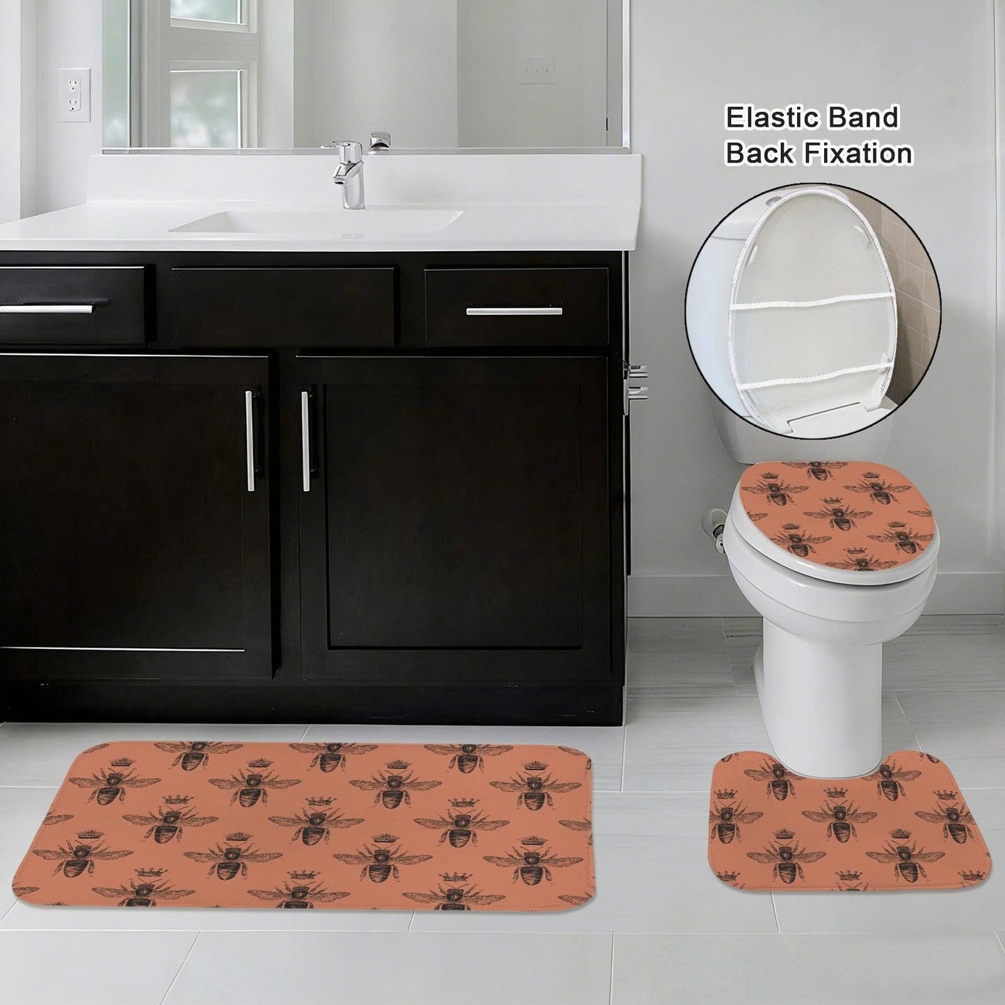 Queen Bee Terracotta Bath Mat Set, Vintage Insect Cottagecore Bathroom Rug