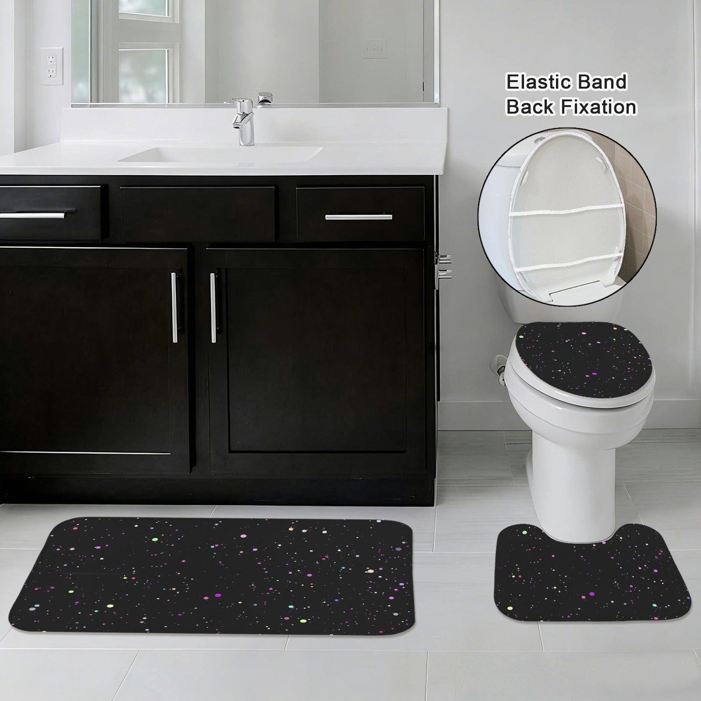 Black Galaxy Bath Mat Set, Cosmic Space Toilet Rug Trio, Celestial Bathroom Decor