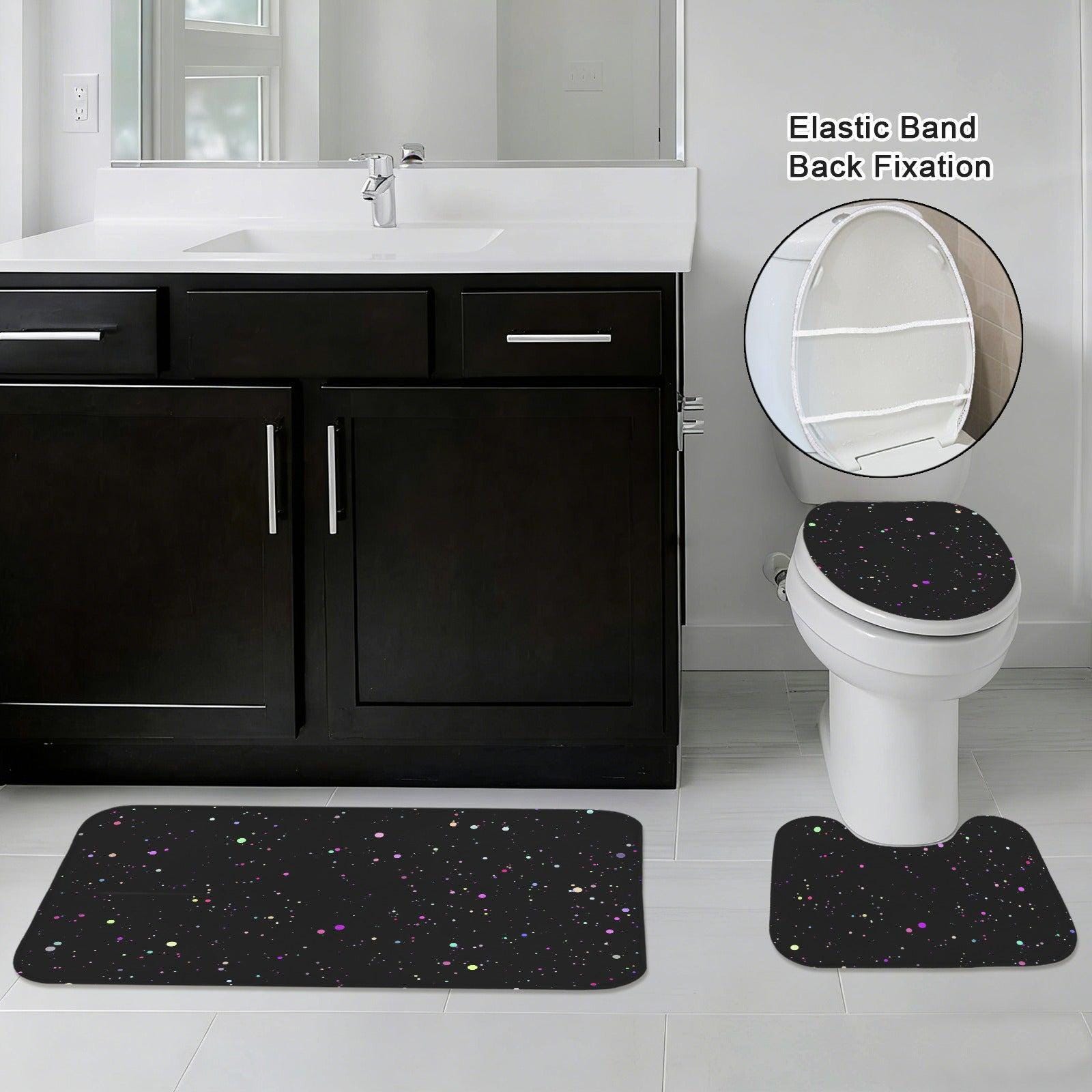 Black Galaxy Bath Mat Set, Cosmic Space Toilet Rug Trio, Celestial Bathroom Decor