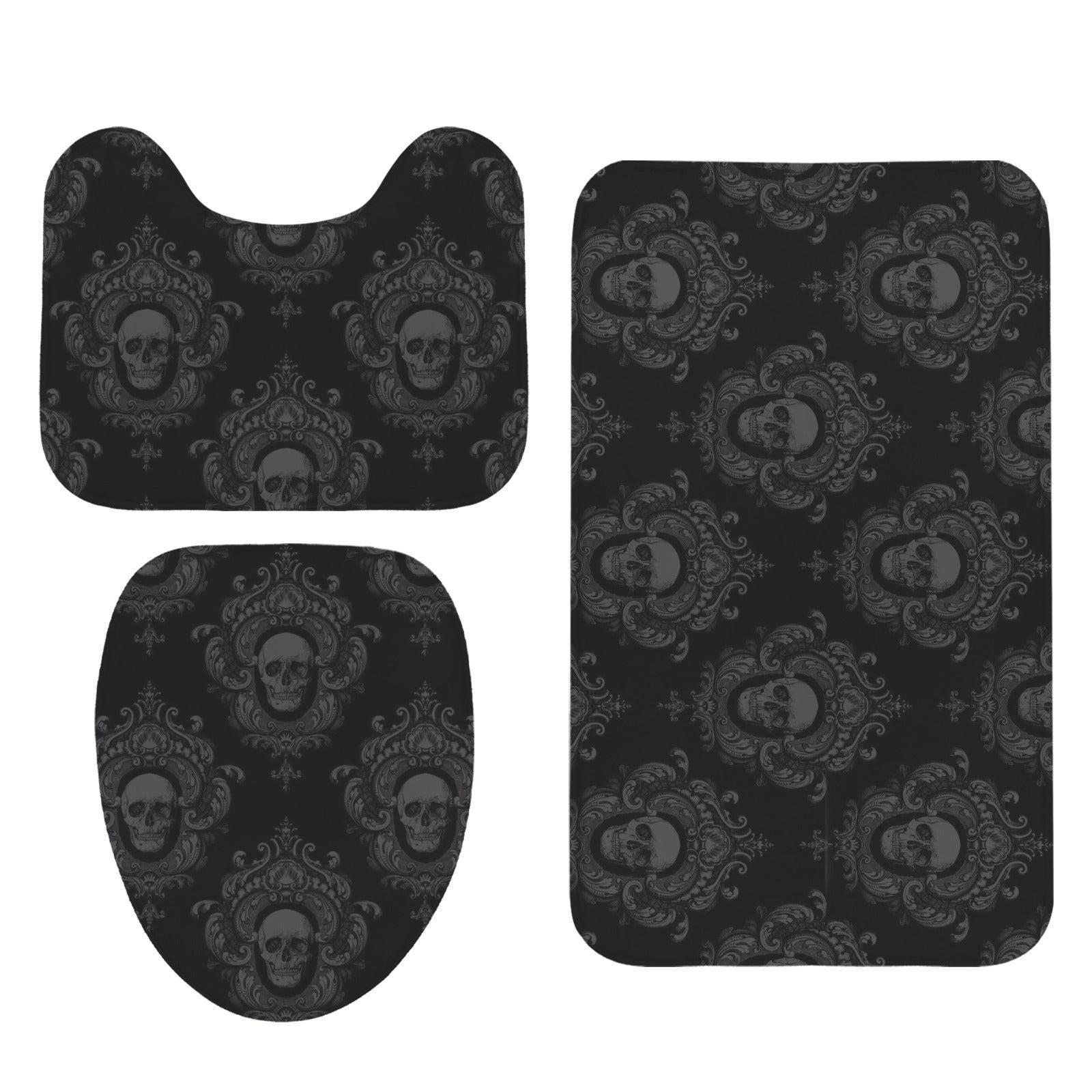 Gothic Skull Damask Bathroom Rug Set, Dark Victorian Trio Mat Decor