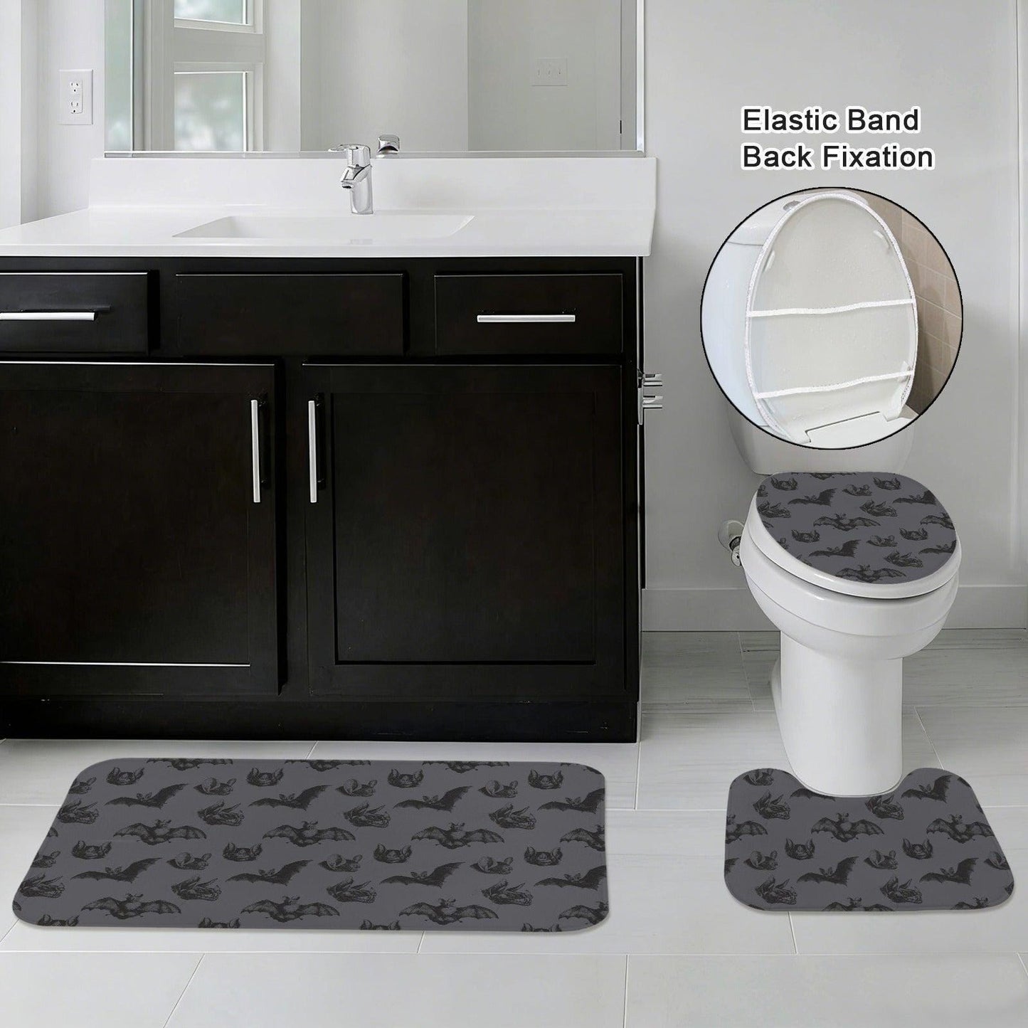 Halloween Bat Bathroom Rug Set, Charcoal Gray Spooky Toilet Trio, Gothic Bath Decor