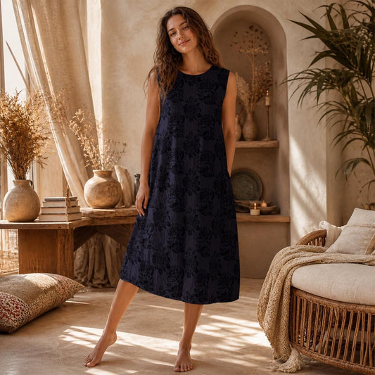 Dark Rose Sleeveless Floral Midi Dress, A-Line Resort Outfit