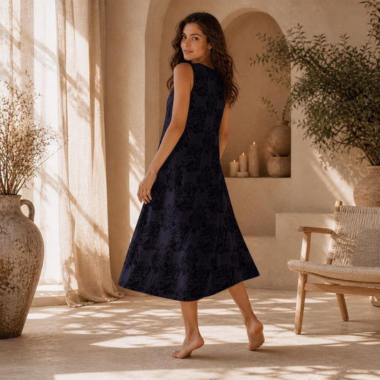 Dark Rose Sleeveless Floral Midi Dress, A-Line Resort Outfit