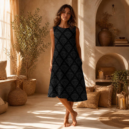 Black Damask Beach Dress, Sleeveless Resort Midi, Elegant Vacation Sundress