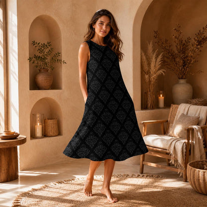 Black Damask Beach Dress, Sleeveless Resort Midi, Elegant Vacation Sundress