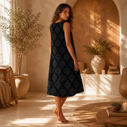 Black Damask Beach Dress, Sleeveless Resort Midi, Elegant Vacation Sundress
