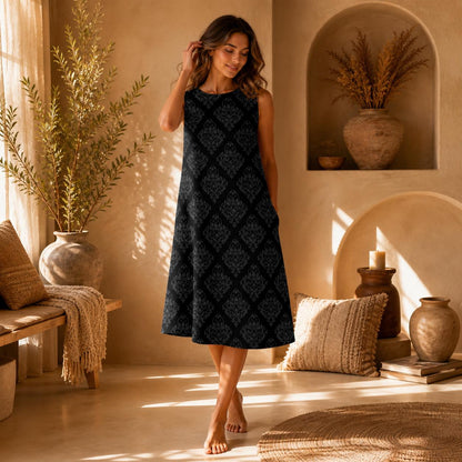 Black Damask Beach Dress, Sleeveless Resort Midi, Elegant Vacation Sundress
