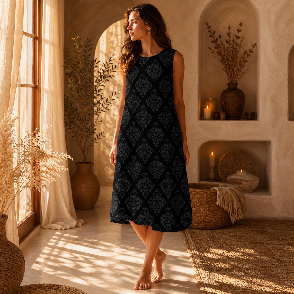 Black Damask Beach Dress, Sleeveless Resort Midi, Elegant Vacation Sundress
