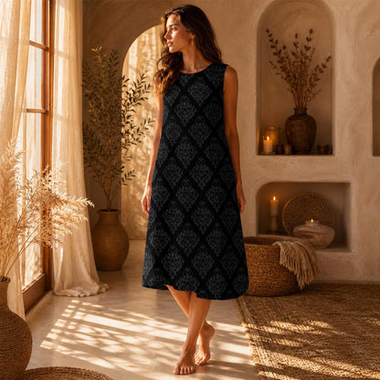 Black Damask Beach Dress, Sleeveless Resort Midi, Elegant Vacation Sundress