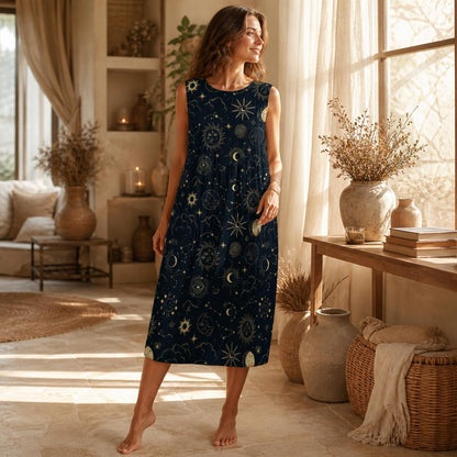 Celestial Midi Dress, Sun Moon Star Print, Faux Linen Beach Cover Up