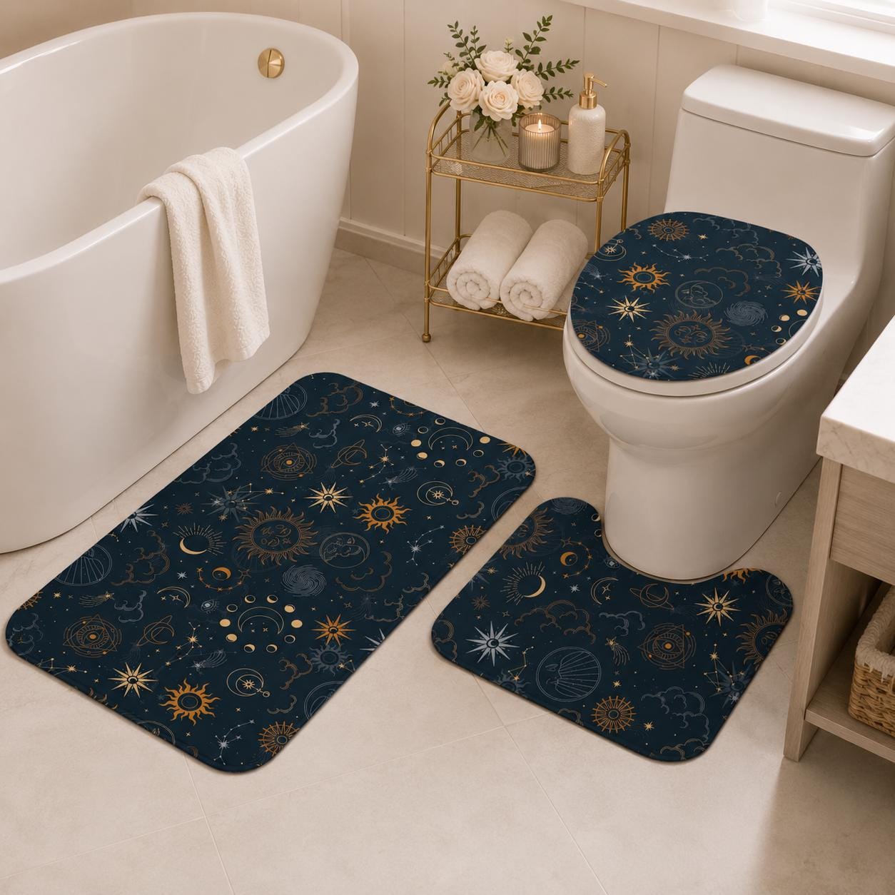 Sun Moon Bathroom Rug Set, Navy Gold Celestial Astrology Bath Mat Trio