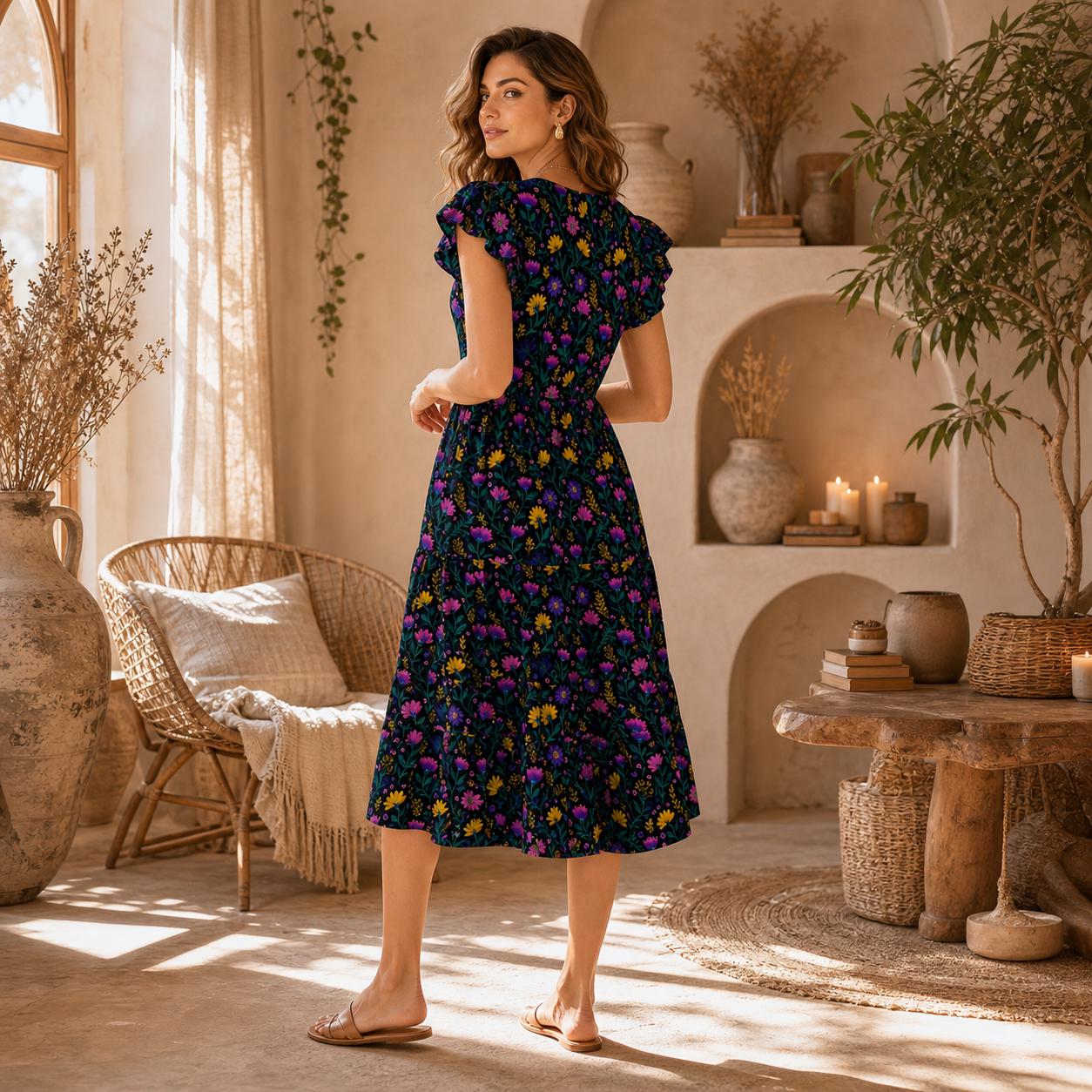 Wildflower Tiered Midi Dress, Colorful Floral Garden Party Dress, Bright Botanical Flutter Sleeve Outfit