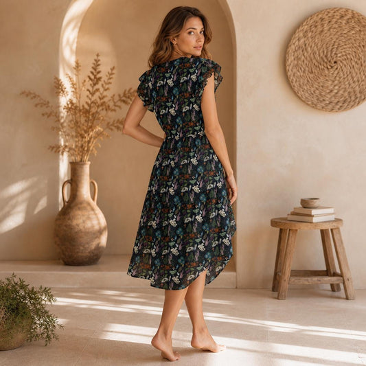 Woodland Animal Midi Dress, Forest Folk Flutter Sleeve Dress, Dark Nature Cottagecore Outfit
