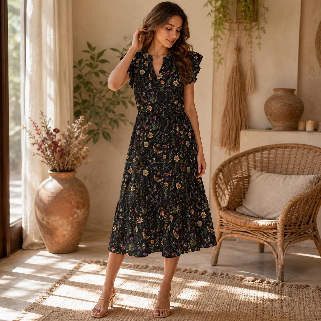 Snake Mushroom Midi Dress, Dark Woodland Floral Tiered Dress, Witchy Cottagecore Fall Outfit