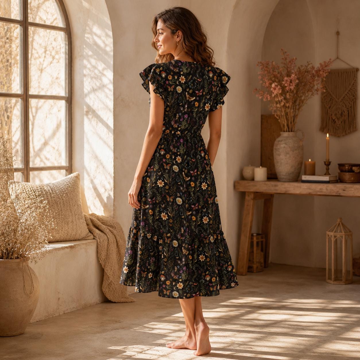 Snake Mushroom Midi Dress, Dark Woodland Floral Tiered Dress, Witchy Cottagecore Fall Outfit