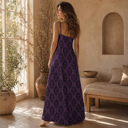 Purple Skull Maxi Dress, Gothic Spaghetti Strap Sundress, Dark Romantic Boho Outfit