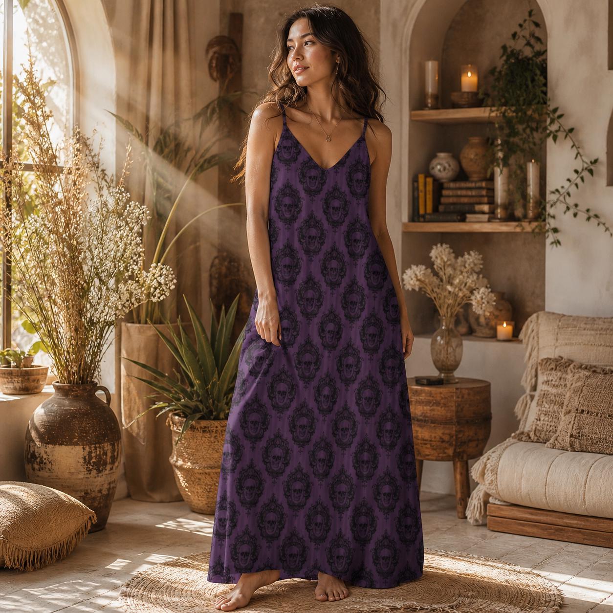Purple Skull Maxi Dress, Gothic Spaghetti Strap Sundress, Dark Romantic Boho Outfit