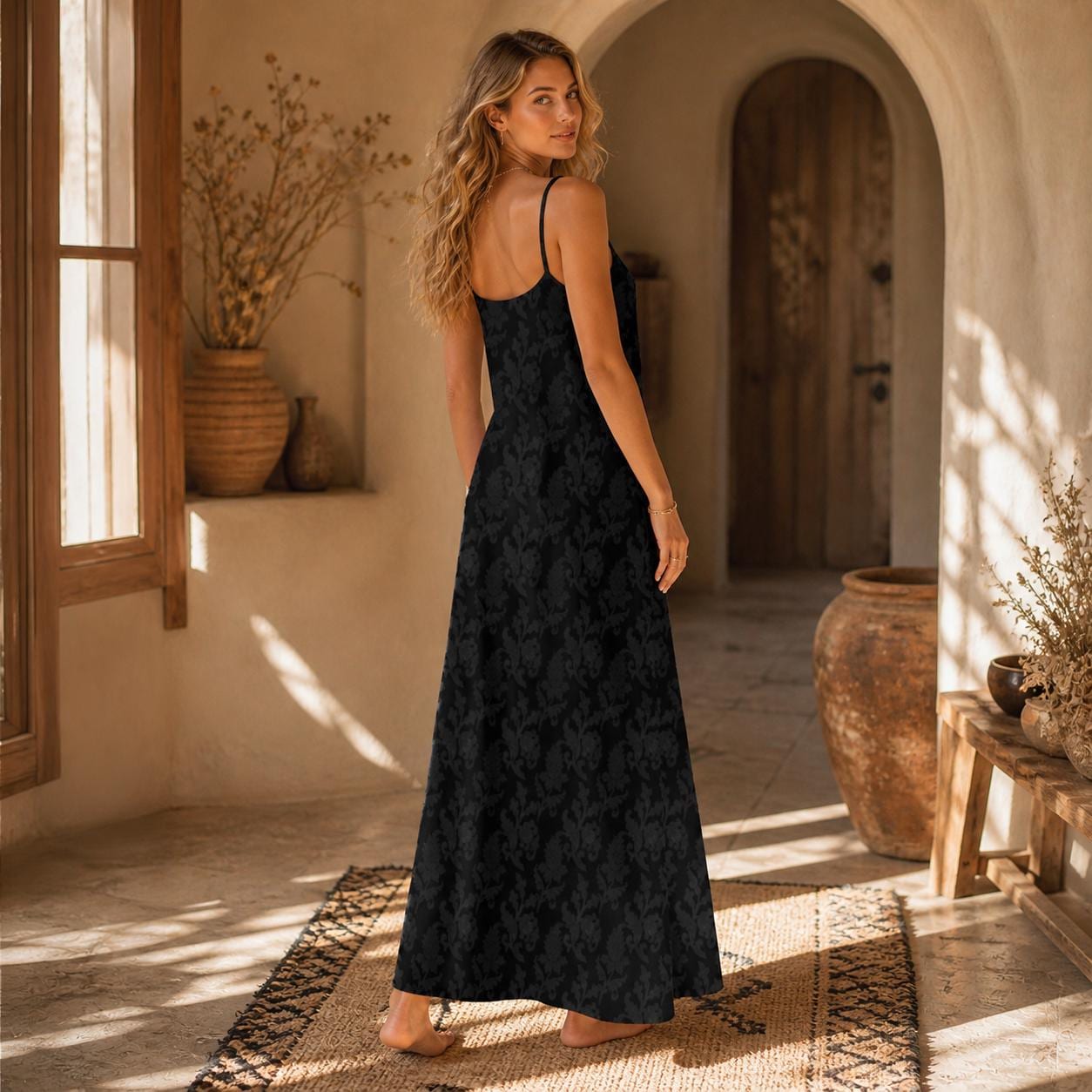 Black Damask Maxi Dress, Dark Academia Cami Gown, Victorian Baroque Style