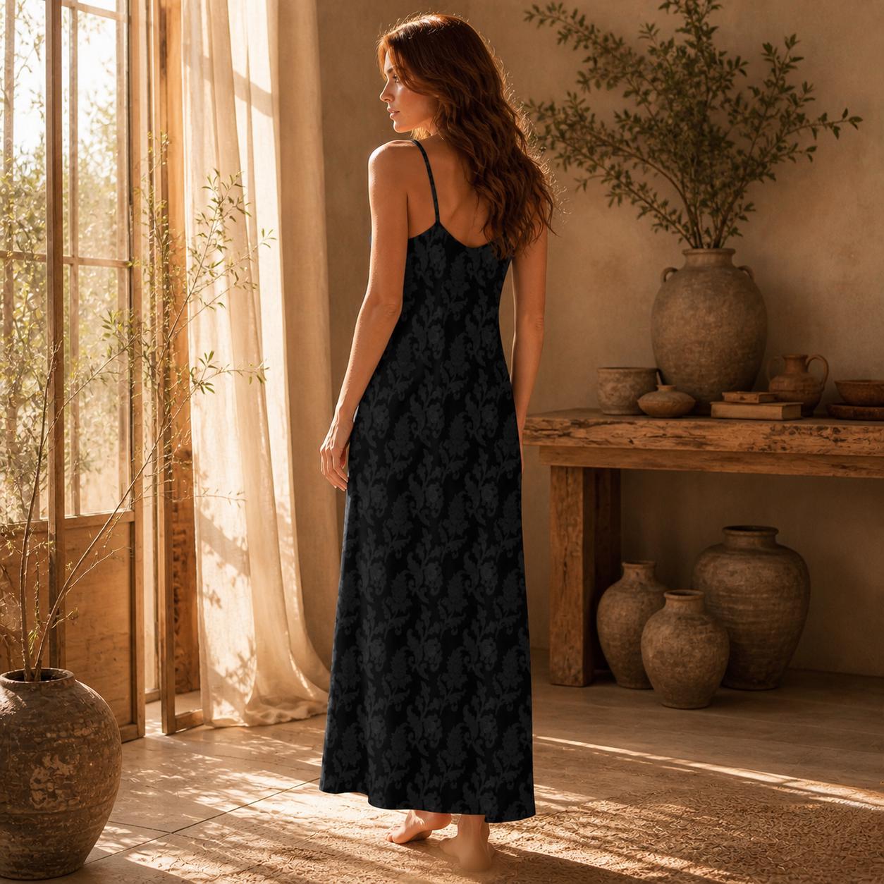 Black Damask Maxi Dress, Dark Academia Cami Gown, Victorian Baroque Style