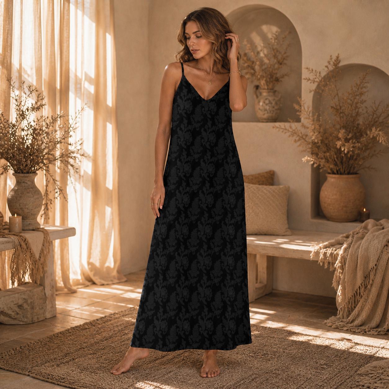 Black Damask Maxi Dress, Dark Academia Cami Gown, Victorian Baroque Style
