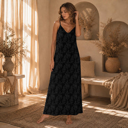 Black Damask Maxi Dress, Dark Academia Cami Gown, Victorian Baroque Style