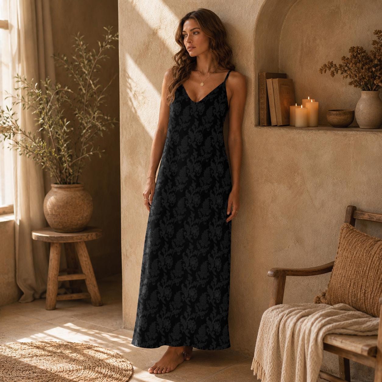Black Damask Maxi Dress, Dark Academia Cami Gown, Victorian Baroque Style
