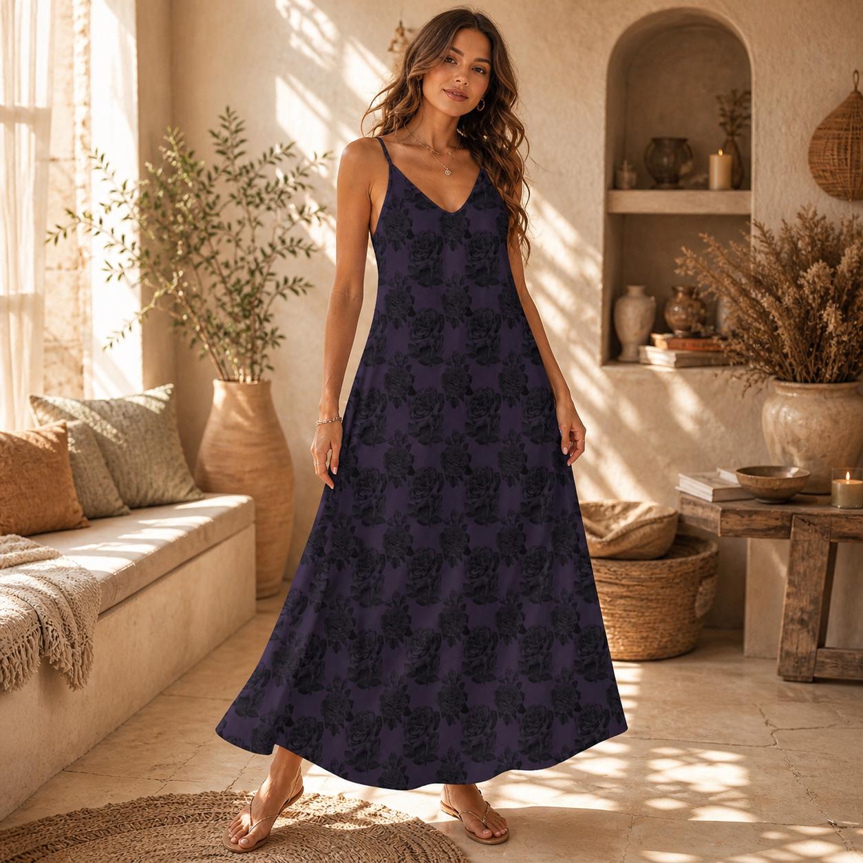 Gothic Rose Maxi Dress, Dark Floral Cami Sundress, Romantic Boho Vacation Apparel