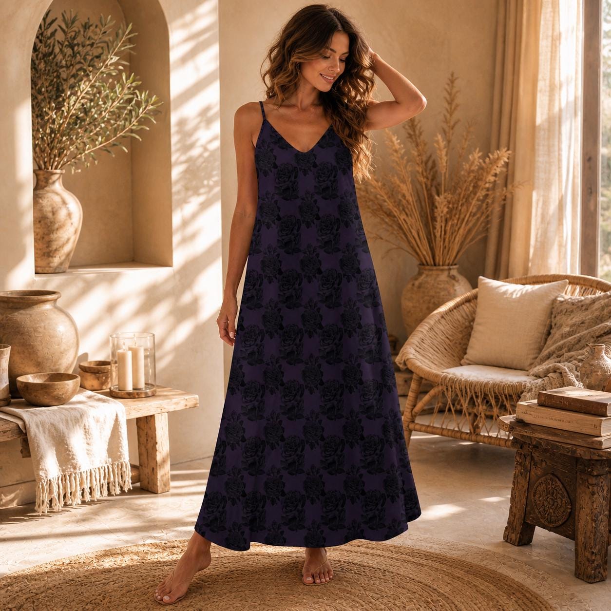 Gothic Rose Maxi Dress, Dark Floral Cami Sundress, Romantic Boho Vacation Apparel
