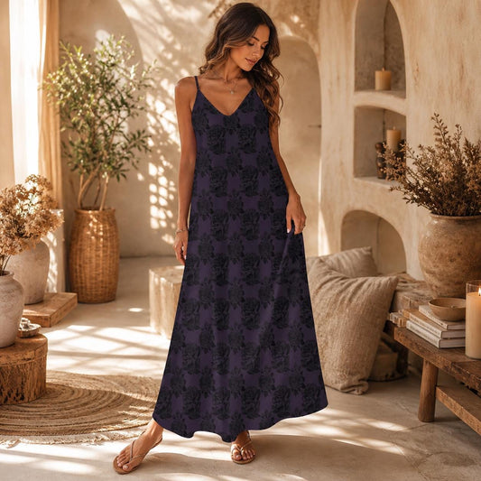 Gothic Rose Maxi Dress, Dark Floral Cami Sundress, Romantic Boho Vacation Apparel