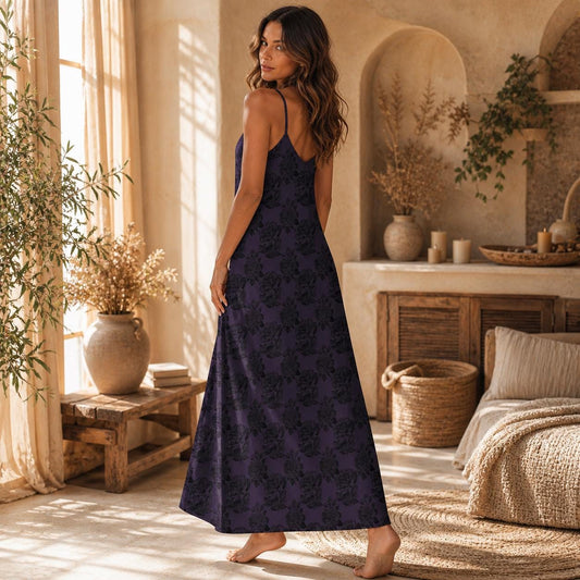 Gothic Rose Maxi Dress, Dark Floral Cami Sundress, Romantic Boho Vacation Apparel