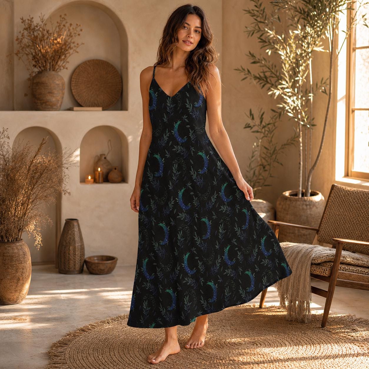 Celestial Tarot Moon Maxi Dress Dark Cottagecore Maxi Dress, Witchy Maxi Dress, Fairy Grunge Dress, Whimsigoth Maxi Dress, Occult Pattern