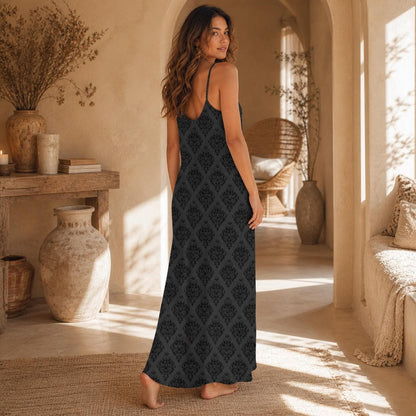 Black Maxi Slip Dress, Damask Cami Sundress, Western Boho Vacation Outfit