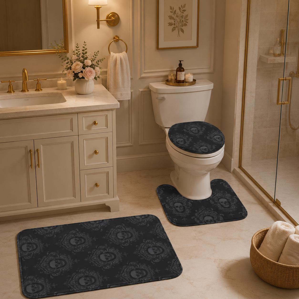 Gothic Skull Damask Bathroom Rug Set, Dark Victorian Trio Mat Decor