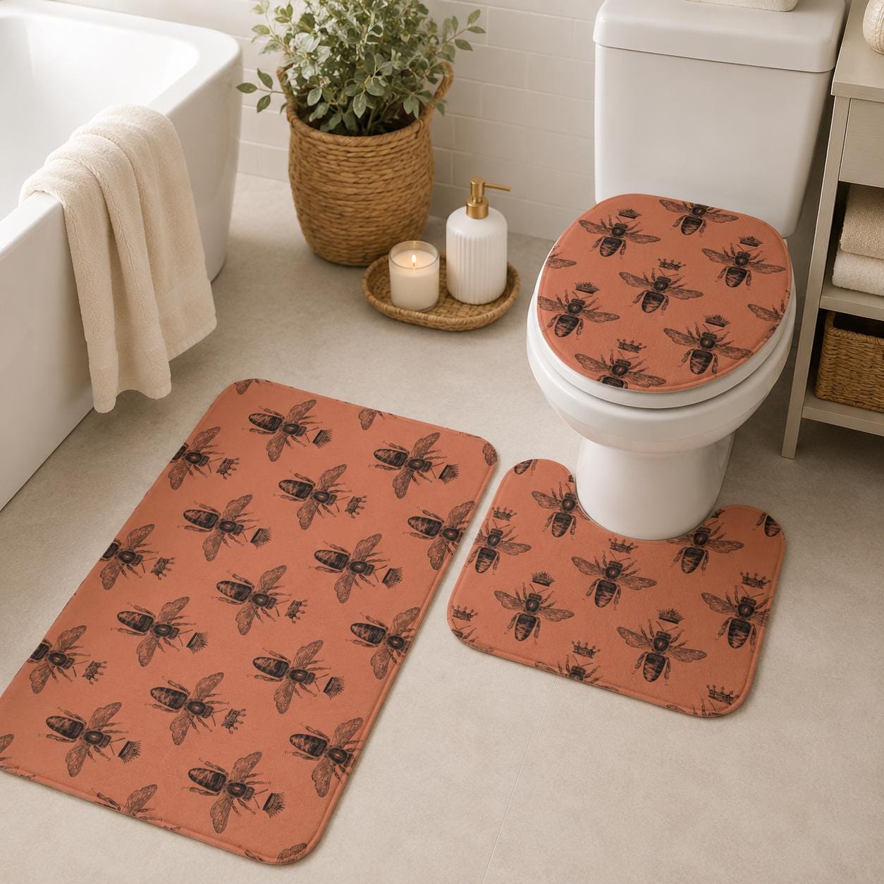 Queen Bee Terracotta Bath Mat Set, Vintage Insect Cottagecore Bathroom Rug