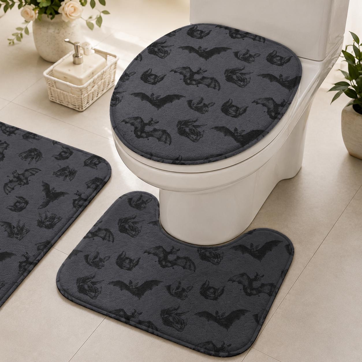 Halloween Bat Bathroom Rug Set, Charcoal Gray Spooky Toilet Trio, Gothic Bath Decor
