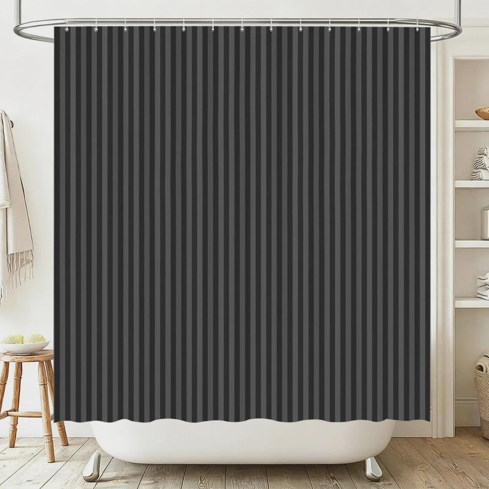 Black Gray Striped Bath Mat Set, Toilet Lid Cover, Contour Rug, Monochrome Decor