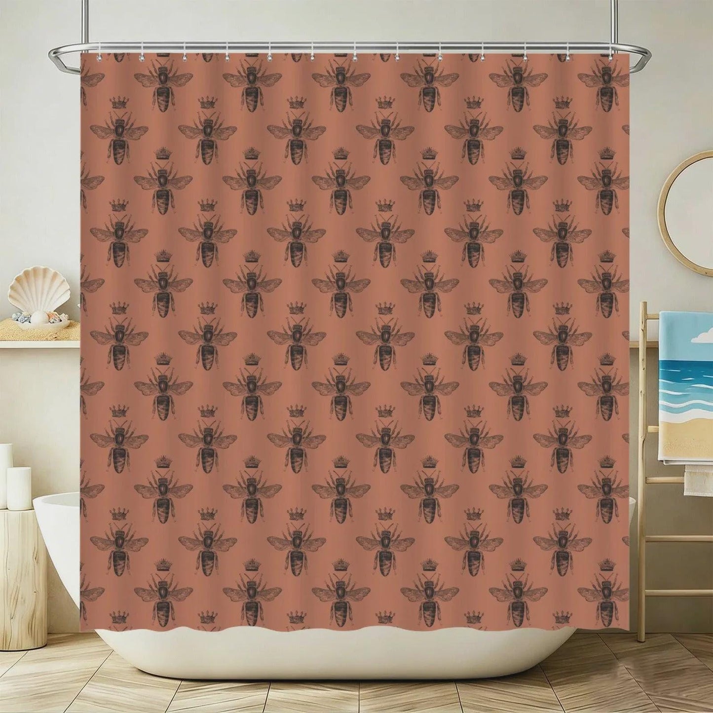 Queen Bee Terracotta Bath Mat Set, Vintage Insect Cottagecore Bathroom Rug