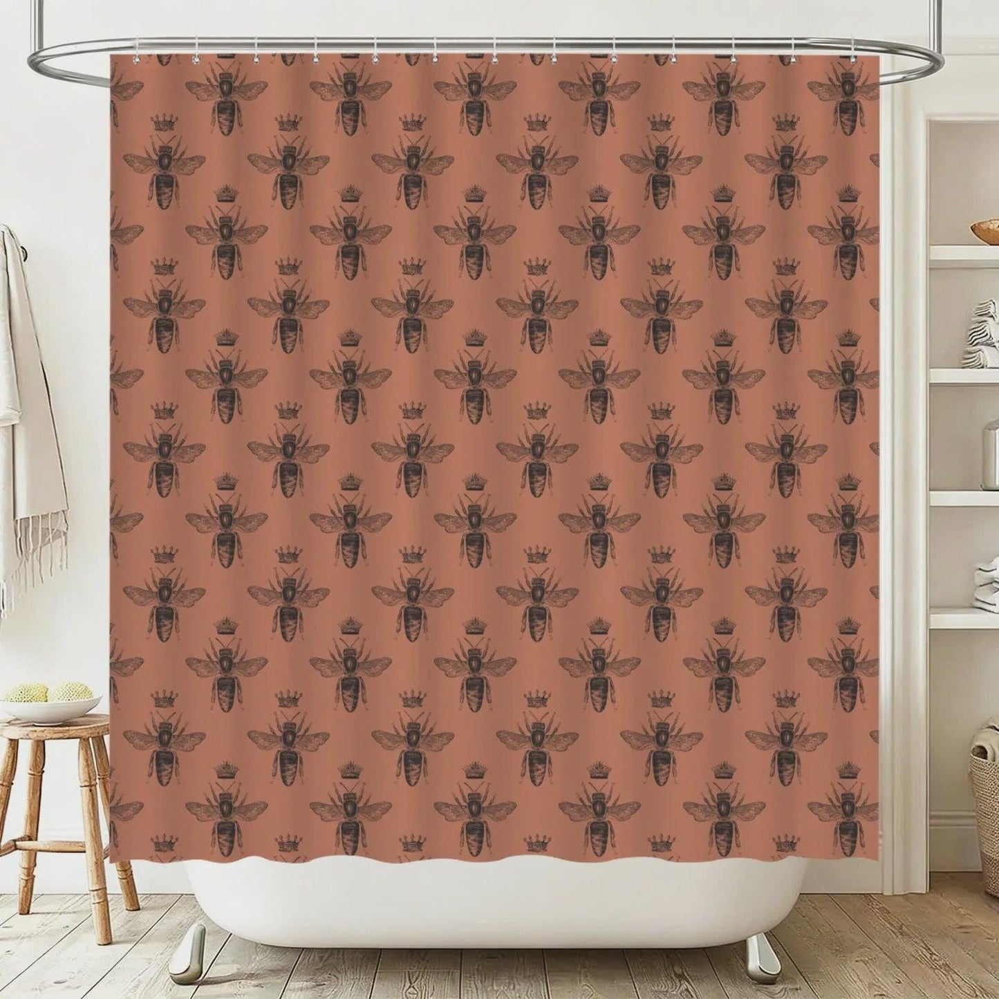 Queen Bee Terracotta Bath Mat Set, Vintage Insect Cottagecore Bathroom Rug