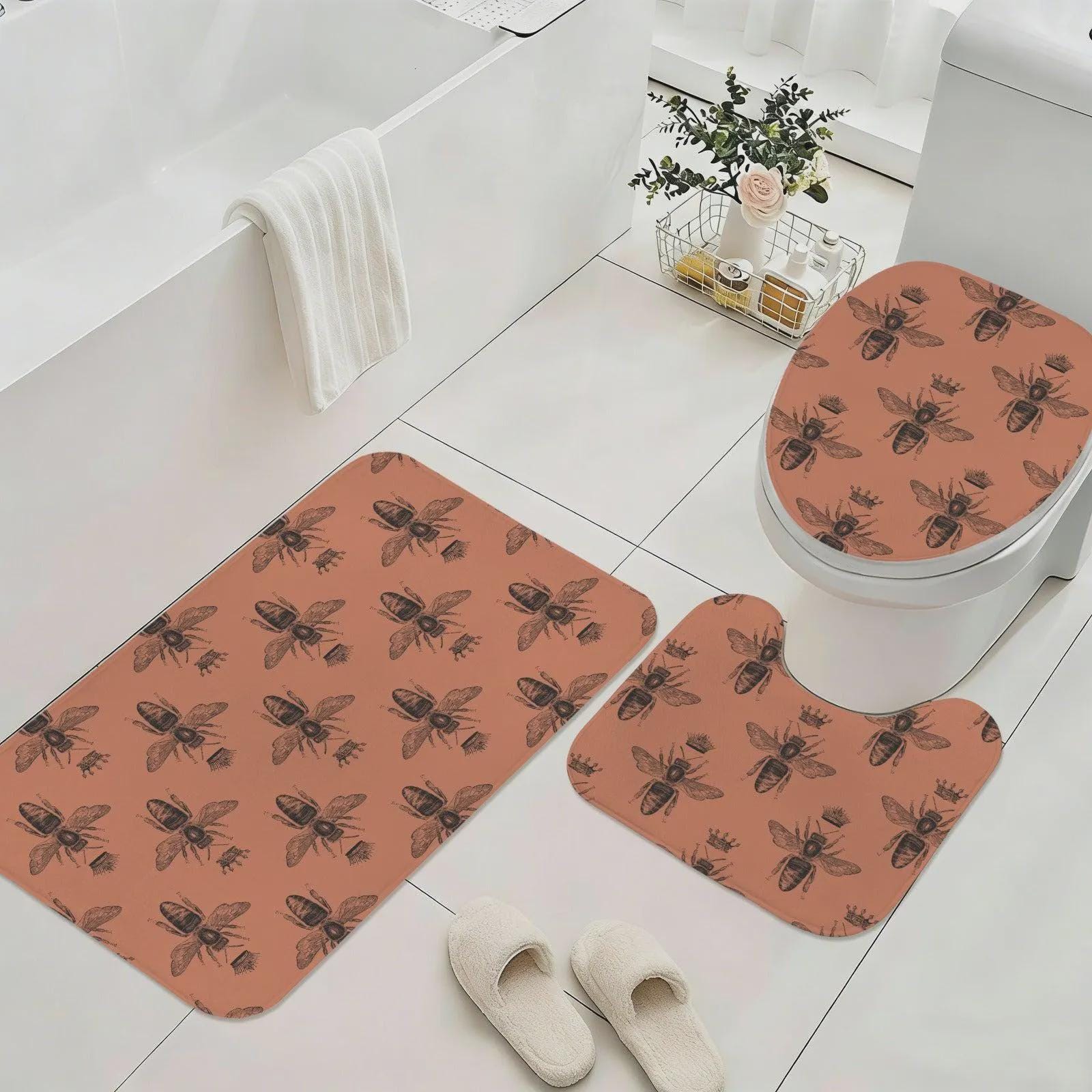 Terracotta Bee Shower Curtain, Vintage Honeybee Bathroom Decor, Cottagecore Insect Bath Curtain