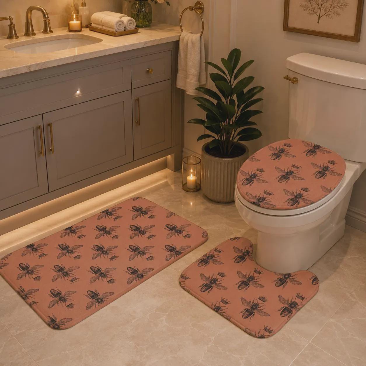 Terracotta Bee Shower Curtain, Vintage Honeybee Bathroom Decor, Cottagecore Insect Bath Curtain