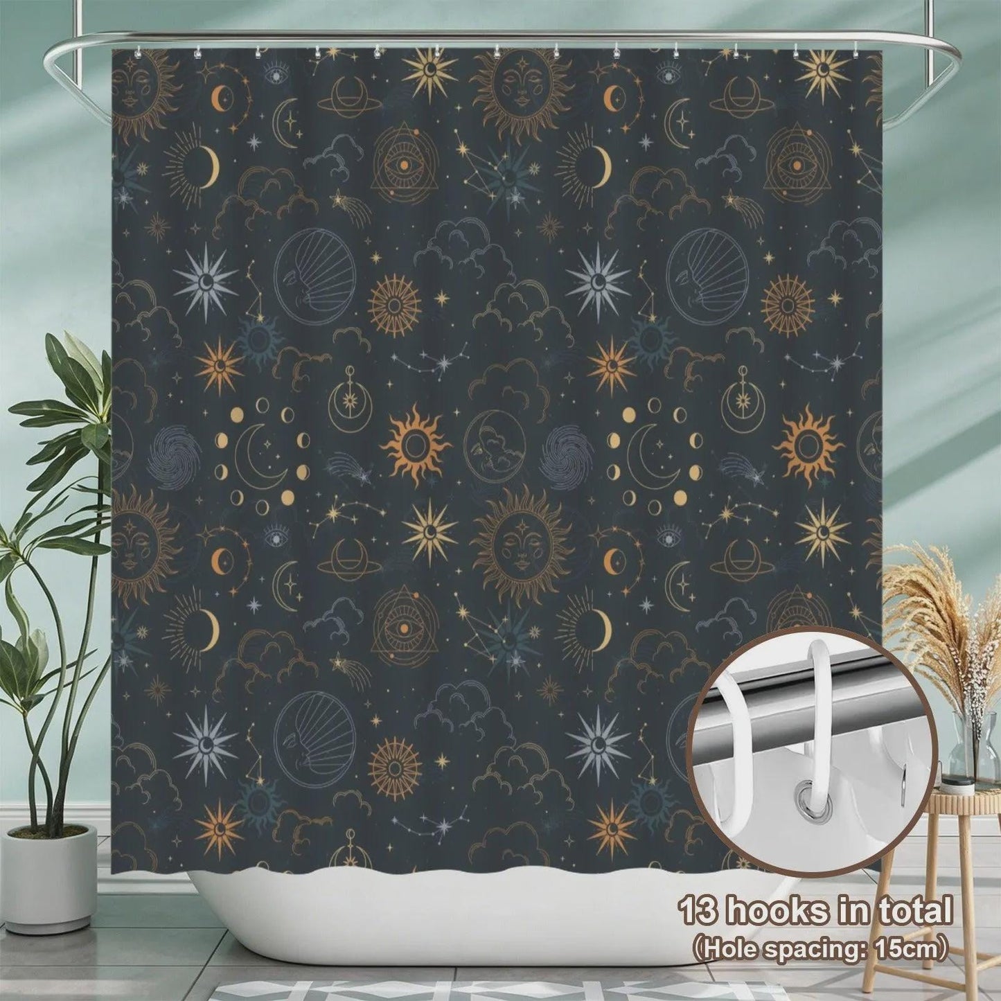 Sun Moon Bathroom Rug Set, Navy Gold Celestial Astrology Bath Mat Trio