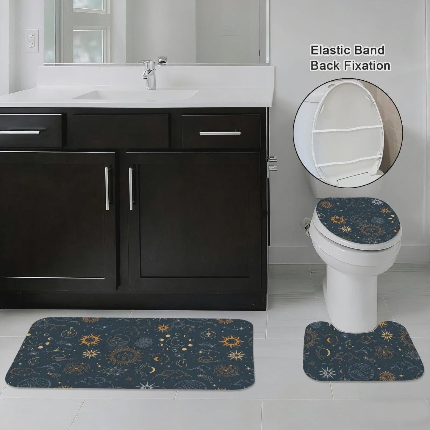 Celestial Bathroom Rug Set, Sun Moon Stars Contour Toilet Lid Cover, Mystic Astrology Mat