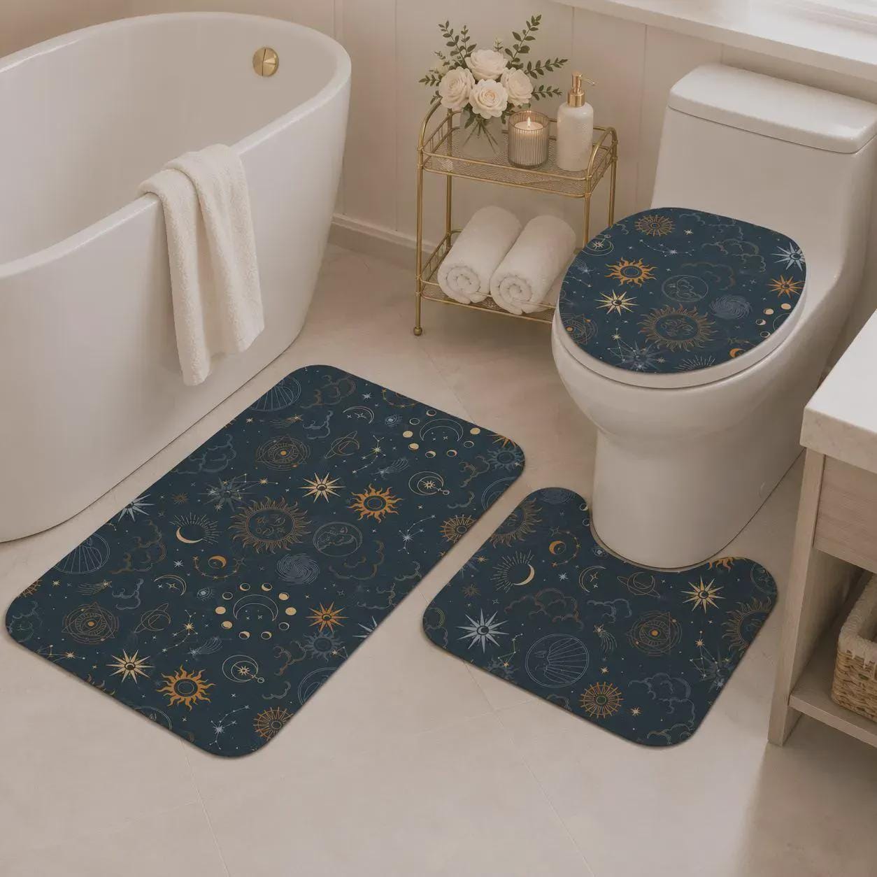 Celestial Sun Moon Shower Curtain, Navy Gold Stars Mystic Bathroom Decor
