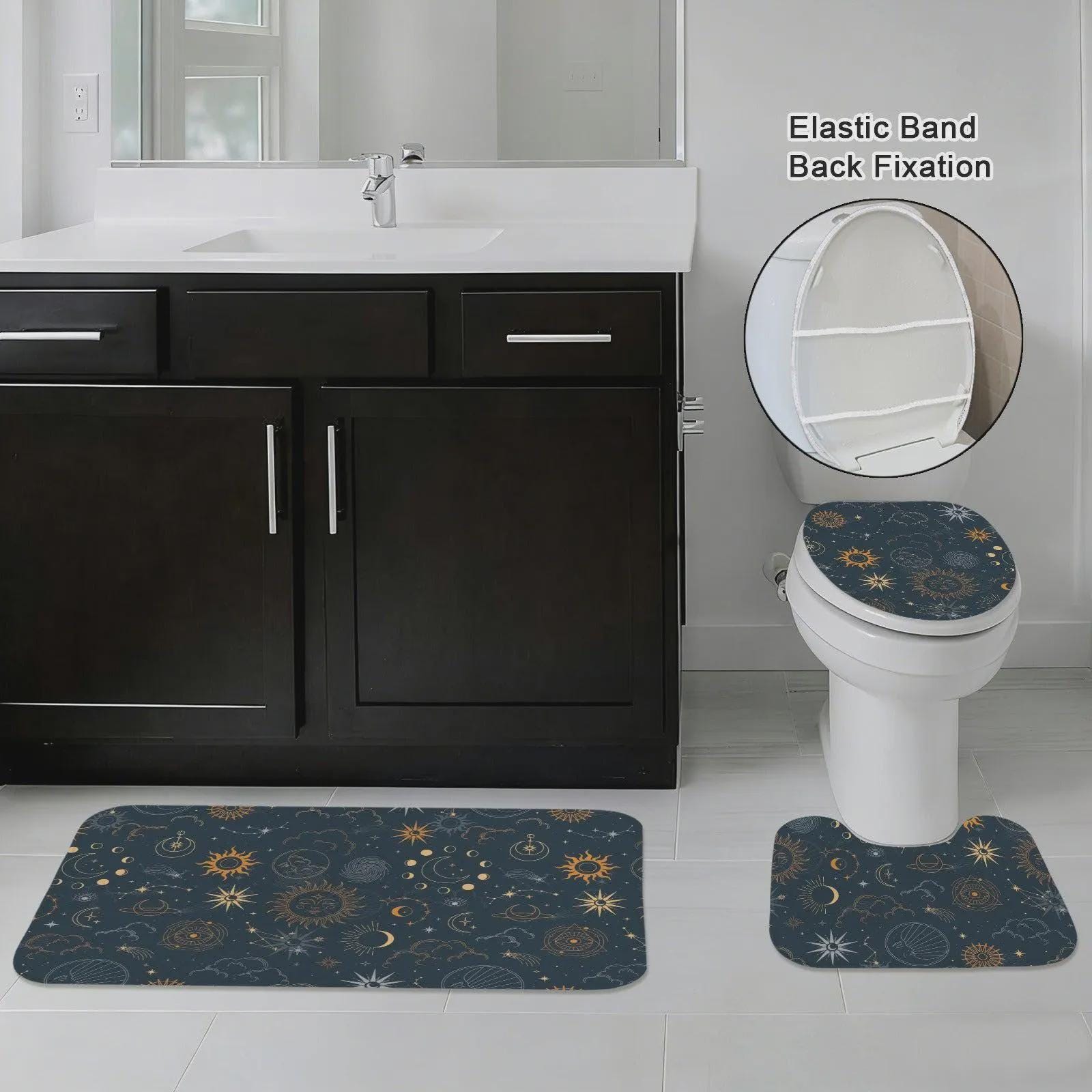 Celestial Sun Moon Shower Curtain, Navy Gold Stars Mystic Bathroom Decor