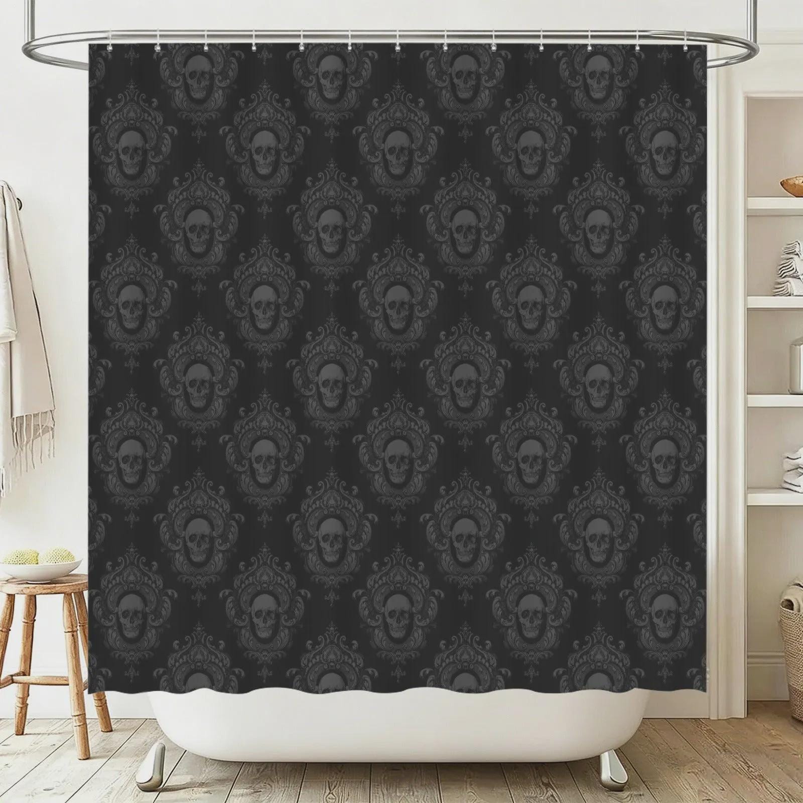 Gothic Skull Damask Bathroom Rug Set, Dark Victorian Trio Mat Decor