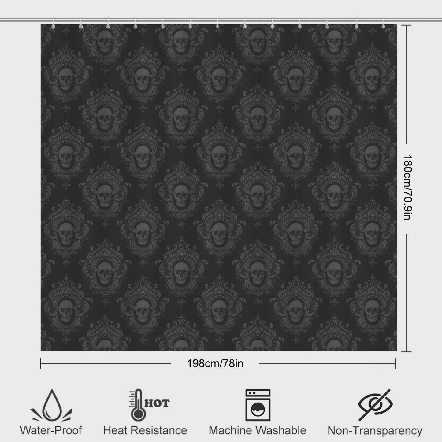 Gothic Skull Damask Bathroom Rug Set, Dark Victorian Trio Mat Decor